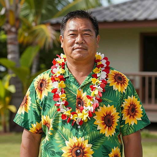 Middle-aged Asian Man in Hawaiian Shirt with Lei