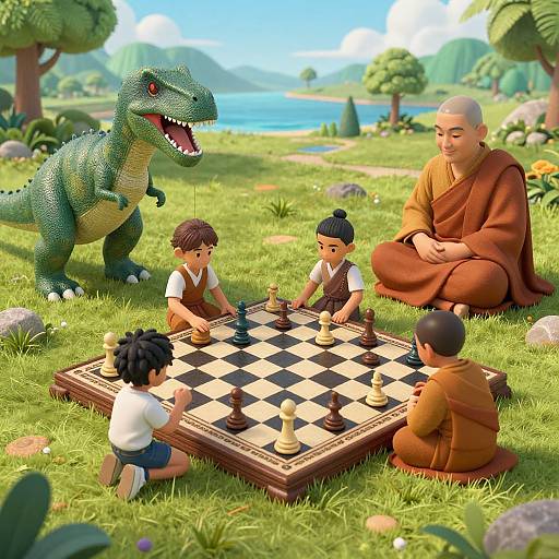 CGI illustration of a zen monk teaching chess to four children with a green dinosaur watching, in a sunny, grassy park.
