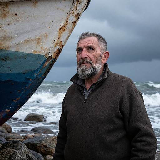 Grizzled middle-aged man with gray beard, wearing dark sweater, stands by weathered boat by rocky ocean shore under cloudy sky. Photograph.