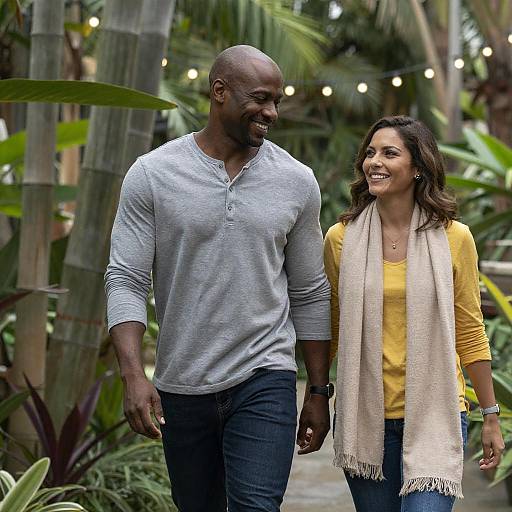 Smiling Couple Walking in Tropical Garden