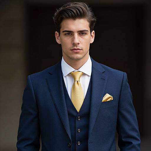 Photograph of a young, handsome man with dark hair, wearing a navy blue three-piece suit, white shirt, gold tie, and yellow pocket square