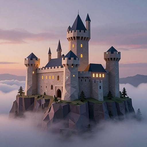 Digital artwork of a majestic, stone castle with multiple towers, illuminated windows, and a sunset sky, floating above misty mountains.