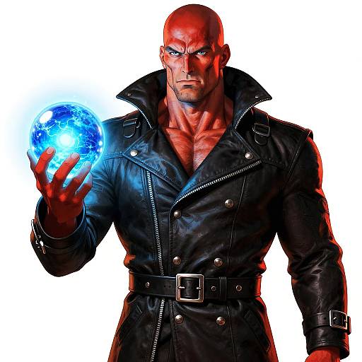 Red-Skinned Man Holding Glowing Blue Orb