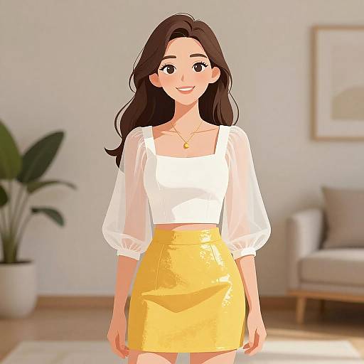 Smiling Woman in White Crop Top and Yellow Mini Skirt