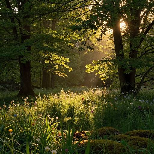 Sunlit forest clearing photograph showing dappled sunlight filtering through lush green trees, illuminating wildflowers and moss-covered ground.