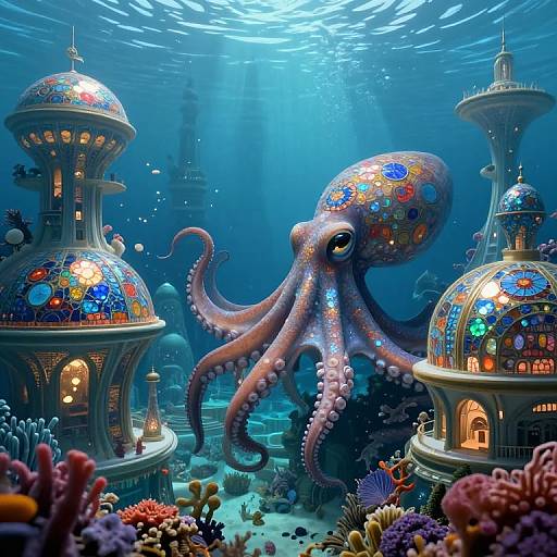 Digital artwork of a vibrant underwater scene featuring a colorful, patterned octopus surrounded by illuminated, mosaic-domed buildings and diverse coral reefs.