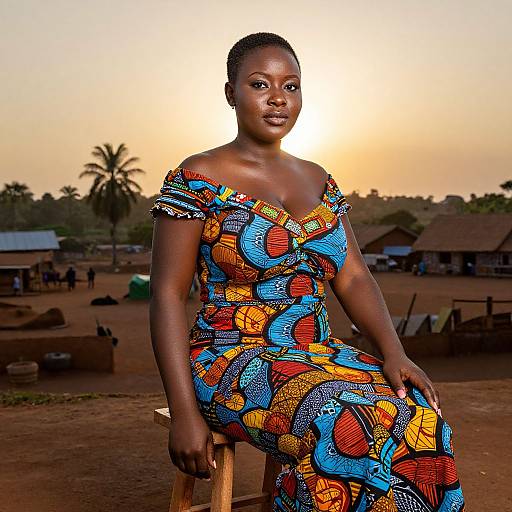 Photograph of a Black woman with dark skin, wearing an off-shoulder, vibrant African print dress, sitting on a stool at sunset in a