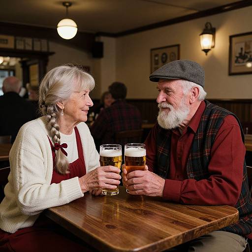 Elderly Couple Sharing Beer in Cozy Pub