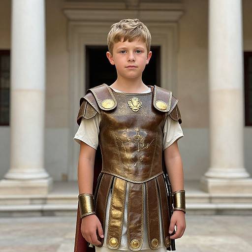 Photograph of a young boy with short blonde hair, wearing a Roman-style brown leather tunic with gold accents, standing in front of classical columns.