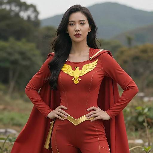 Confident Superhero Woman in Red Costume