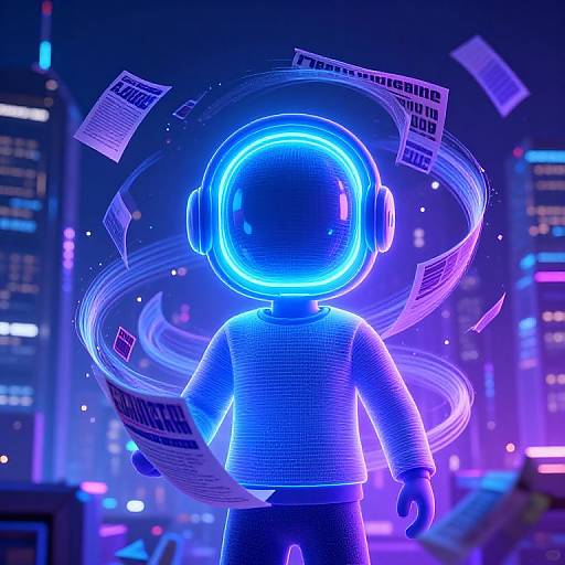 Digital CGI of a glowing blue neon humanoid figure with a spherical head, holding papers, surrounded by swirling documents in a futuristic cityscape with colorful neon lights
