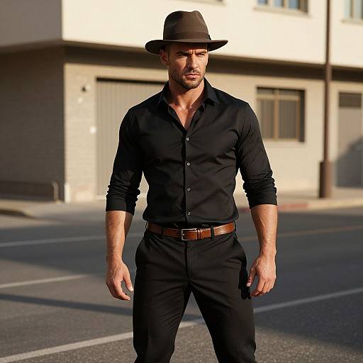 Photograph of a handsome, muscular man with light skin and short beard, wearing a black shirt, pants, brown belt, and brown hat, standing