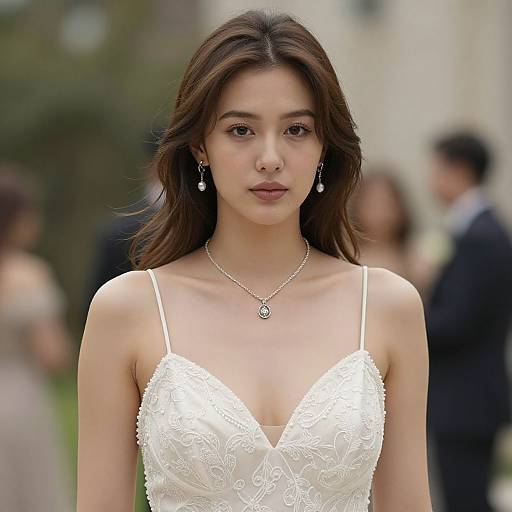 Photograph of an Asian woman with long brown hair, wearing a white lace wedding dress, pearl necklace, and earrings, standing outdoors at a blurred,