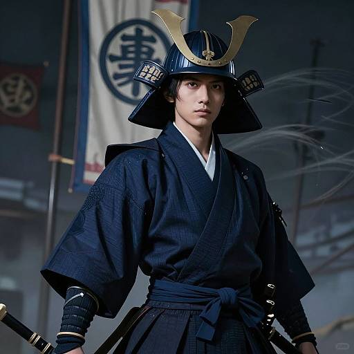 Photograph of a serious young Japanese samurai in black armor, helmet with gold crest, blue kimono, holding a sword, set against a dim