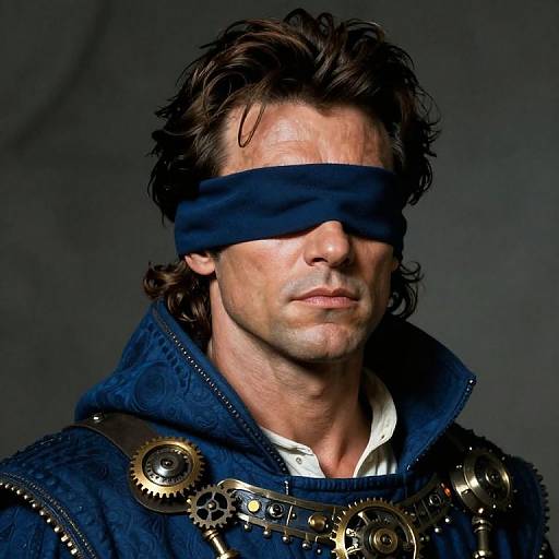Photograph of a blindfolded, ruggedly handsome man with dark, wavy hair, wearing a dark blue, textured cloak with brass gears on