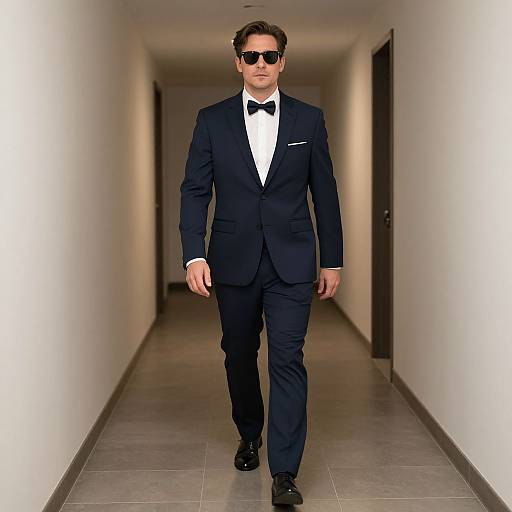 Photograph of a handsome man in a black tuxedo, white shirt, black bow tie, and sunglasses, walking down a white hallway.