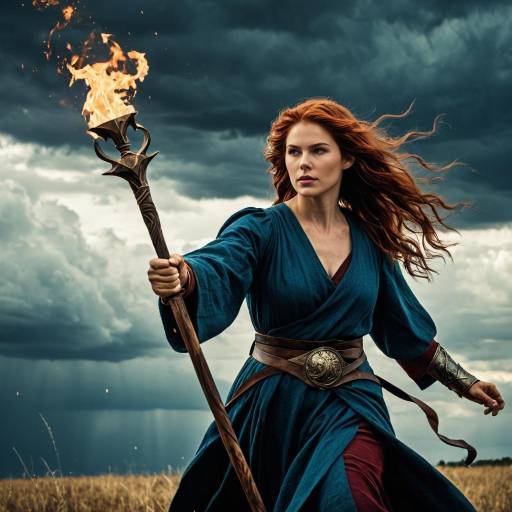 Mage with Flaming Staff in Stormy Field