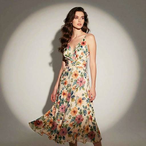 Photograph of a woman with long, wavy brown hair wearing a sleeveless, floral maxi dress with colorful flowers, standing against a bright white background