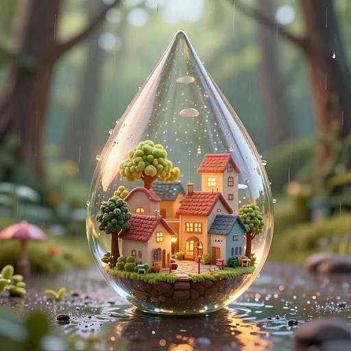 Photorealistic CGI of a glass teardrop containing a miniature village with red-roofed houses, green trees, and glowing windows, set in
