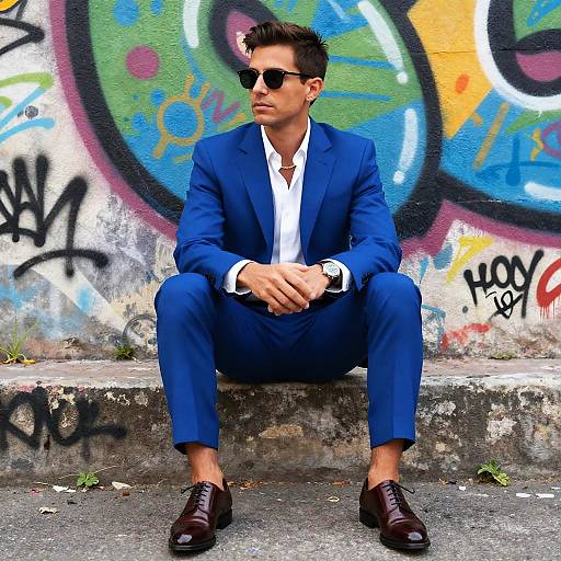 Photograph of a handsome man in a blue suit, white shirt, black sunglasses, and brown dress shoes, sitting on a graffiti-covered concrete wall.