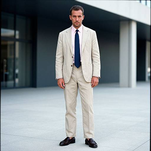 Photograph of a handsome, Caucasian man with short brown hair, wearing a cream suit, white shirt, navy tie, and black shoes, standing confidently