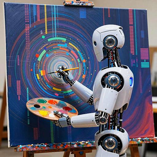 Photograph of a white robotic figure painting a vibrant, circular digital artwork with colorful swirls and lights on an easel.