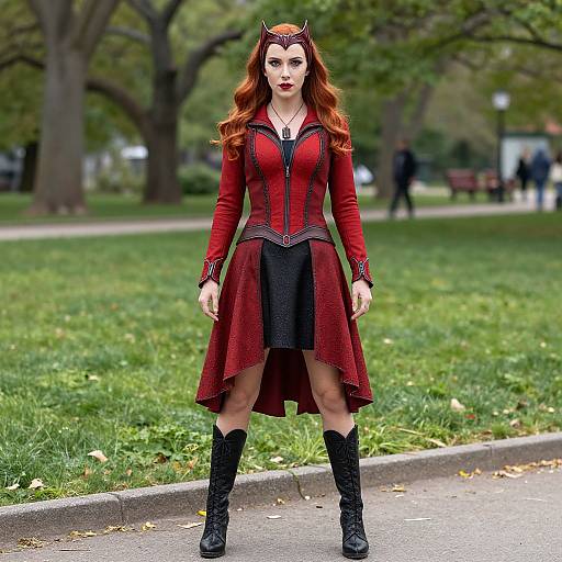 Photograph of a red-haired woman in a red and black Victorian-style dress, black boots, and crown, standing in a park.