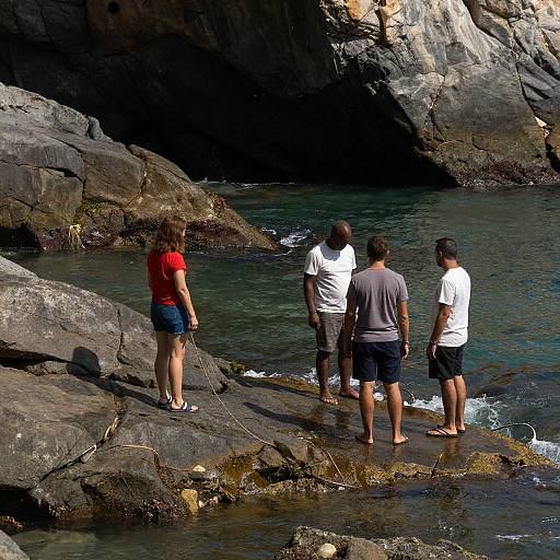 Sunlit Rocky Coast with Four People
