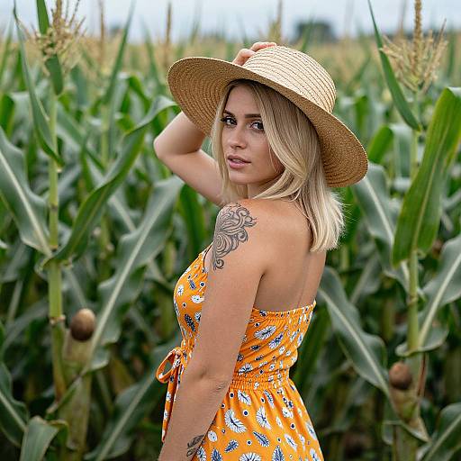 Blonde woman in orange floral dress and straw hat, showcasing tattooed arm, stands in cornfield with tall green stalks. Photographic image.
