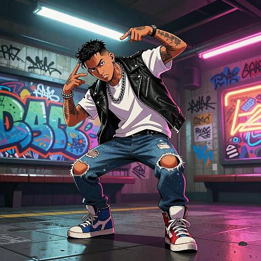 Digital art of a tattooed, dark-skinned man in a white tee, black leather jacket, ripped jeans, and high-top sneakers, striking a