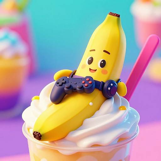 Cute digital illustration of a smiling banana character with a game controller, resting on a white whipped cream cupcake with a pink straw. Bright, vibrant