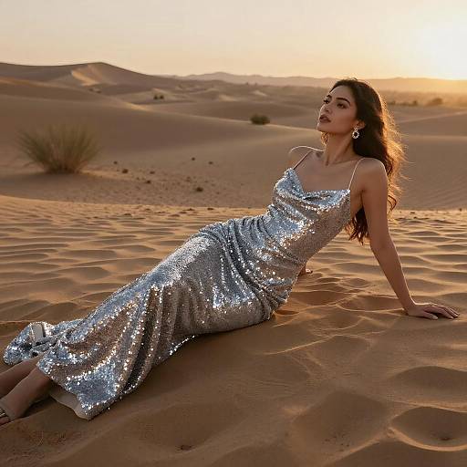 Elegant Woman in Sequin Gown at Sunset