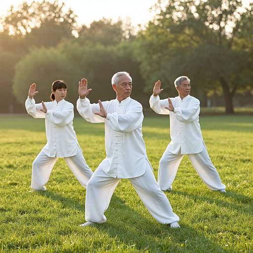 Photograph of three Asian martial artists in white uniforms performing a synchronized standing stance on a sunlit green lawn.