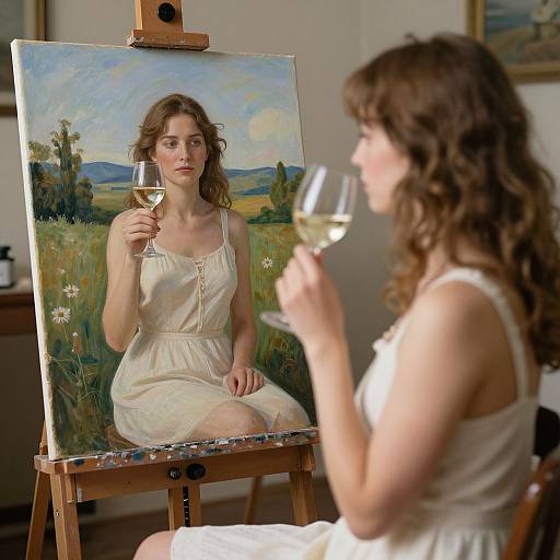 Photograph of a brown-haired woman painting a brown-haired woman in a white dress, holding a wine glass, on an easel in a sunlit