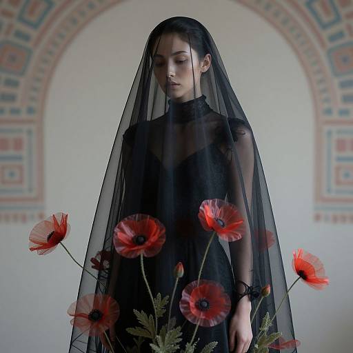 Photograph of a pale-skinned woman in a sheer black dress and veil, surrounded by red poppies, standing against a patterned arched wall