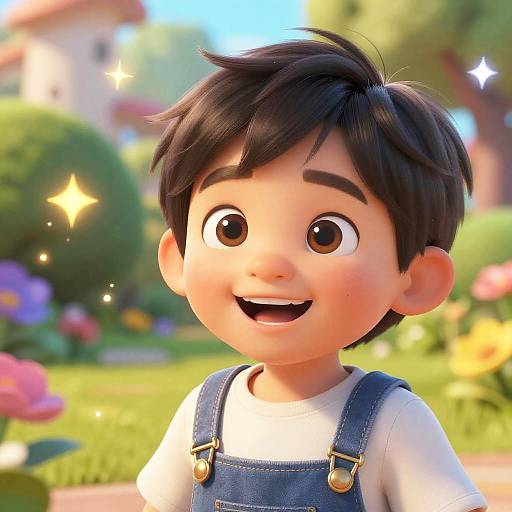 CGI image of a smiling young boy with dark hair, wearing blue overalls over a white shirt, in a vibrant, sunny garden. Blurred