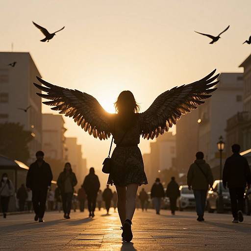 Silhouetted woman with angel wings walking down urban street at sunset, birds flying, city background, golden sunlight, people in shadows.