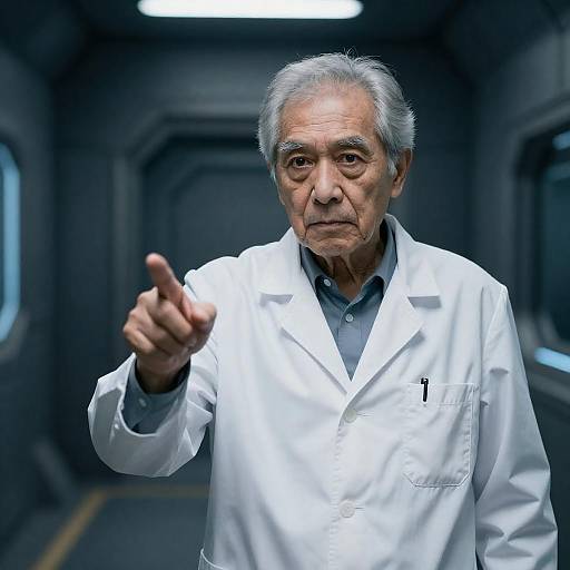 Intense Scientist in Futuristic Corridor