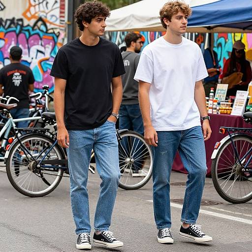 Photograph of two young men walking on a street; one in black t-shirt and jeans, the other in white t-shirt and jeans, with bicycles