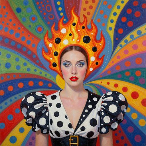 Photograph of a woman with red flame headdress, black and white polka dot dress, bold makeup, against vibrant, colorful, psychedelic background.