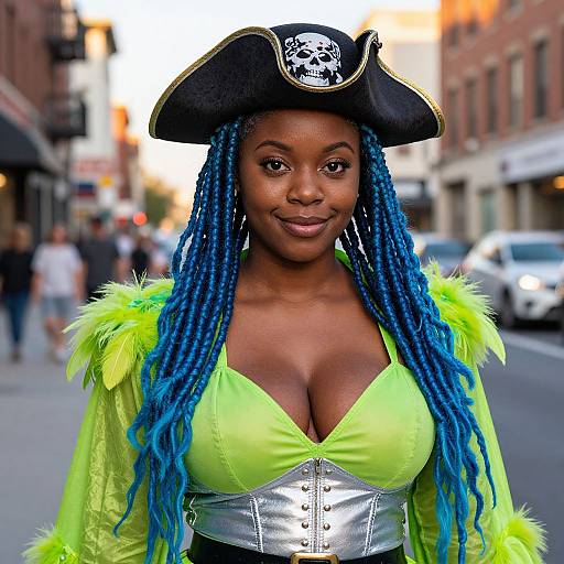 Photograph of a Black woman with blue braids, wearing a pirate hat, neon green dress with silver corset, and feathered sleeves, standing