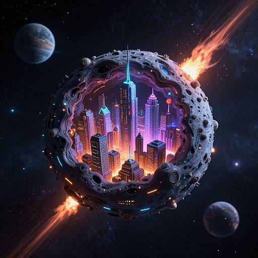 Digital artwork of a neon-lit, futuristic cityscape enclosed in a spherical, asteroid-like structure, surrounded by space with planets and bright explosions.
