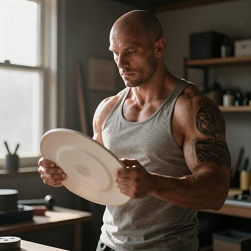 Tattooed Man Lifting Plate in Workshop