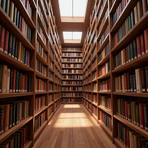 Photograph of a long, narrow library aisle with wooden shelves filled with colorful books, illuminated by bright overhead lights.