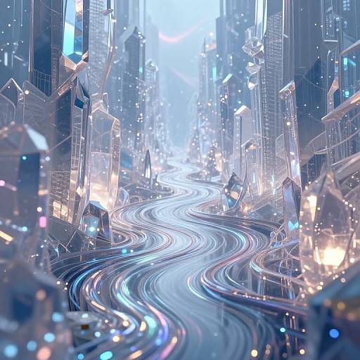 Digital artwork of a futuristic city with glowing neon lights, swirling blue and white light trails, and towering reflective skyscrapers.