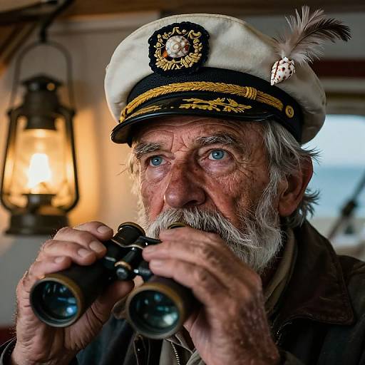 Photograph of elderly white man with white beard, blue eyes, wearing white naval cap with feather, holding binoculars, warm lamp in background.