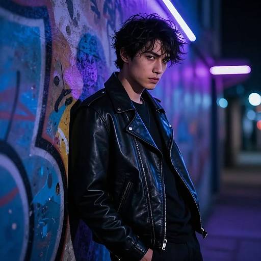 Photograph of a moody young man with messy black hair, wearing a black leather jacket, leaning against a graffiti-covered wall under neon purple and blue