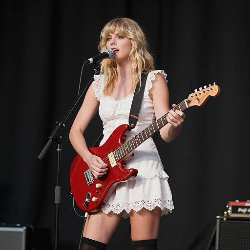 Blonde Musician Playing Red Electric Guitar