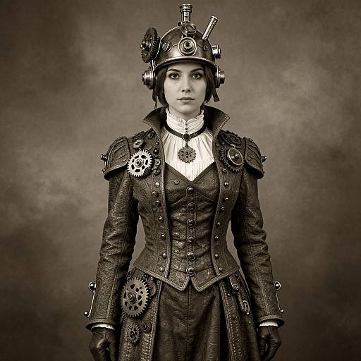 Steampunk-inspired photograph of a serious woman in a detailed, dark brown corset and armor, with gears, a mechanical helmet, and a pendant