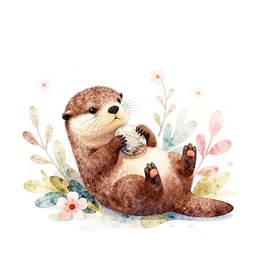 Whimsical Otter with Pebble and Flower